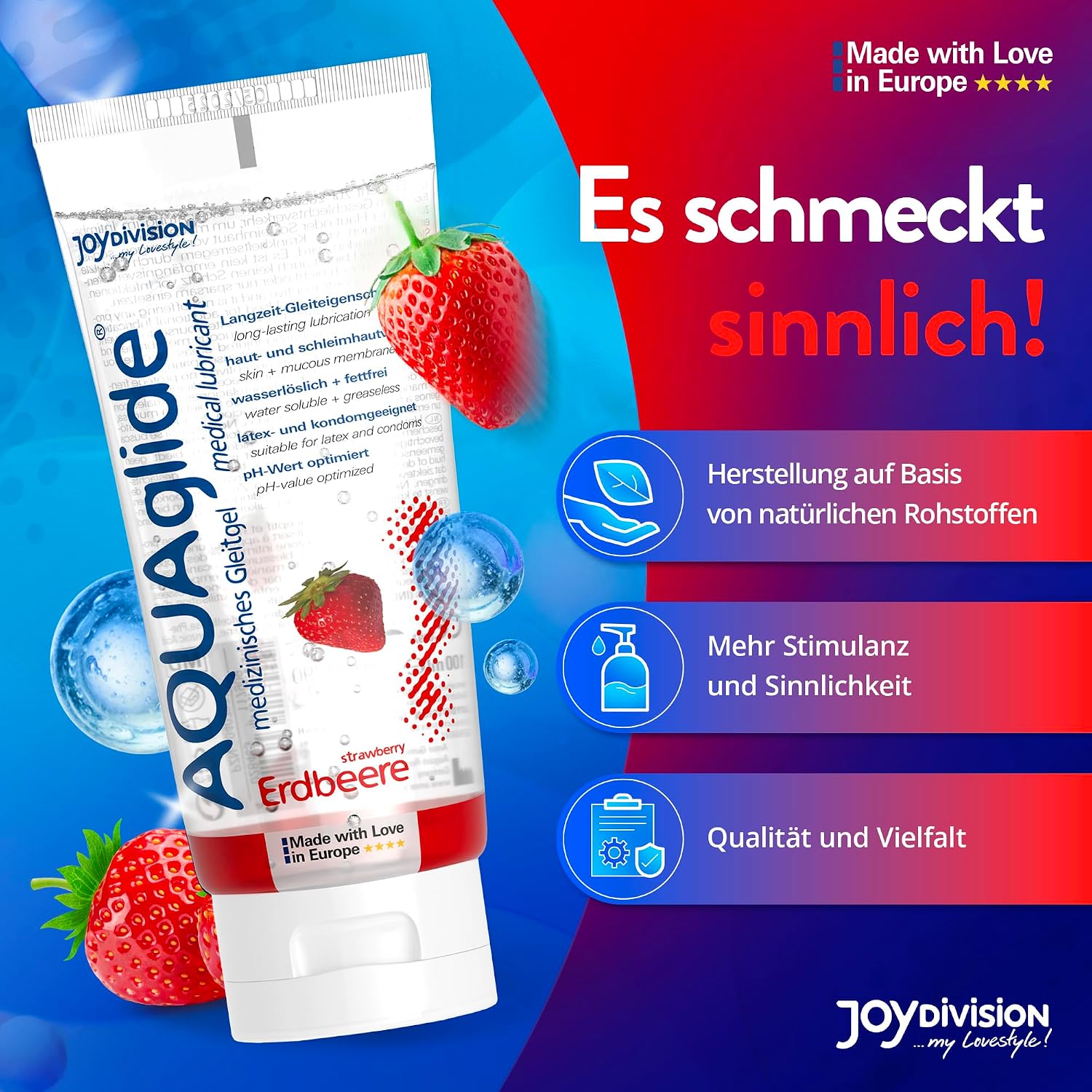 Joydivision AQUAglide Strawberry Lubricant, 100 ml, Vegan Lubricant, Water-Based, with a Sensual Strawberry Fragrance, Crystal Clear Lubricant, Suitable for Latex Condoms – Bild 5