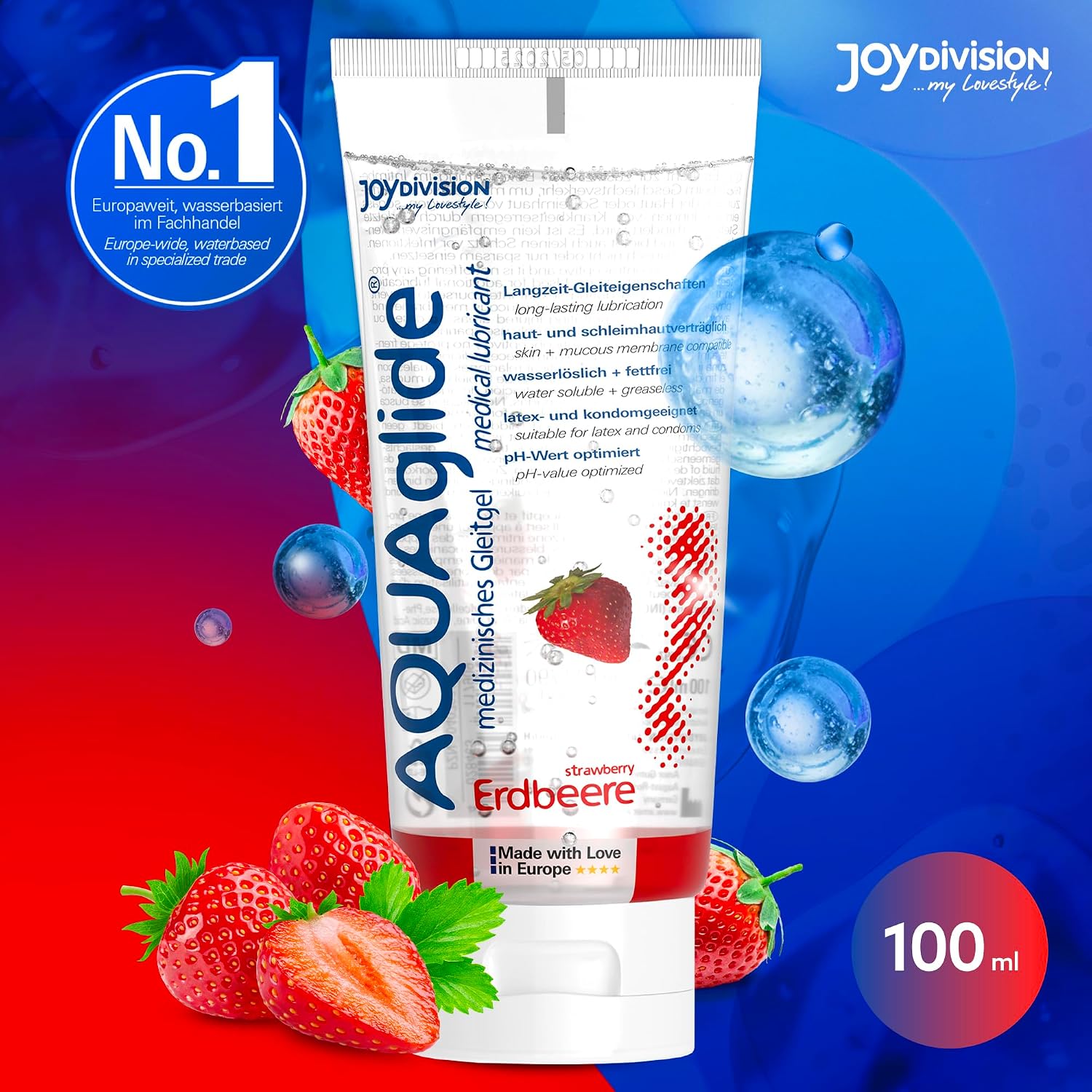 Joydivision AQUAglide Strawberry Lubricant, 100 ml, Vegan Lubricant, Water-Based, with a Sensual Strawberry Fragrance, Crystal Clear Lubricant, Suitable for Latex Condoms – Bild 2