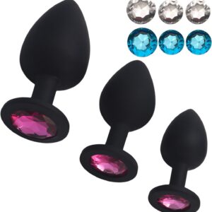 Plug Set of 3 Butt Plug Silicone with Removable Sequins (Not Glued) in Plug Sex Toy Suitable for Beginners, Women, Men Couples (Red + Blue + White S M L)