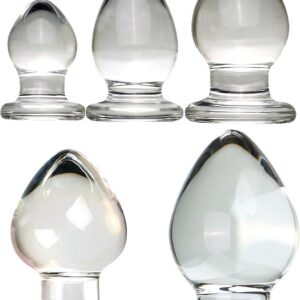 5 Sizes Large Glass Plug 32/40/45/55/65 mm Smooth Crystal Plug Classic Balls Butt Plug Glass Dildo Vagina Plug Anus Dilator Sex Toy for Women Men, Clear, Set